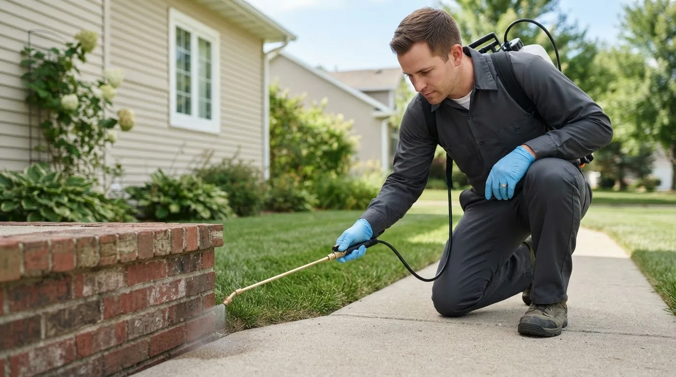 Pest control technician treating a home near Calvert, TX