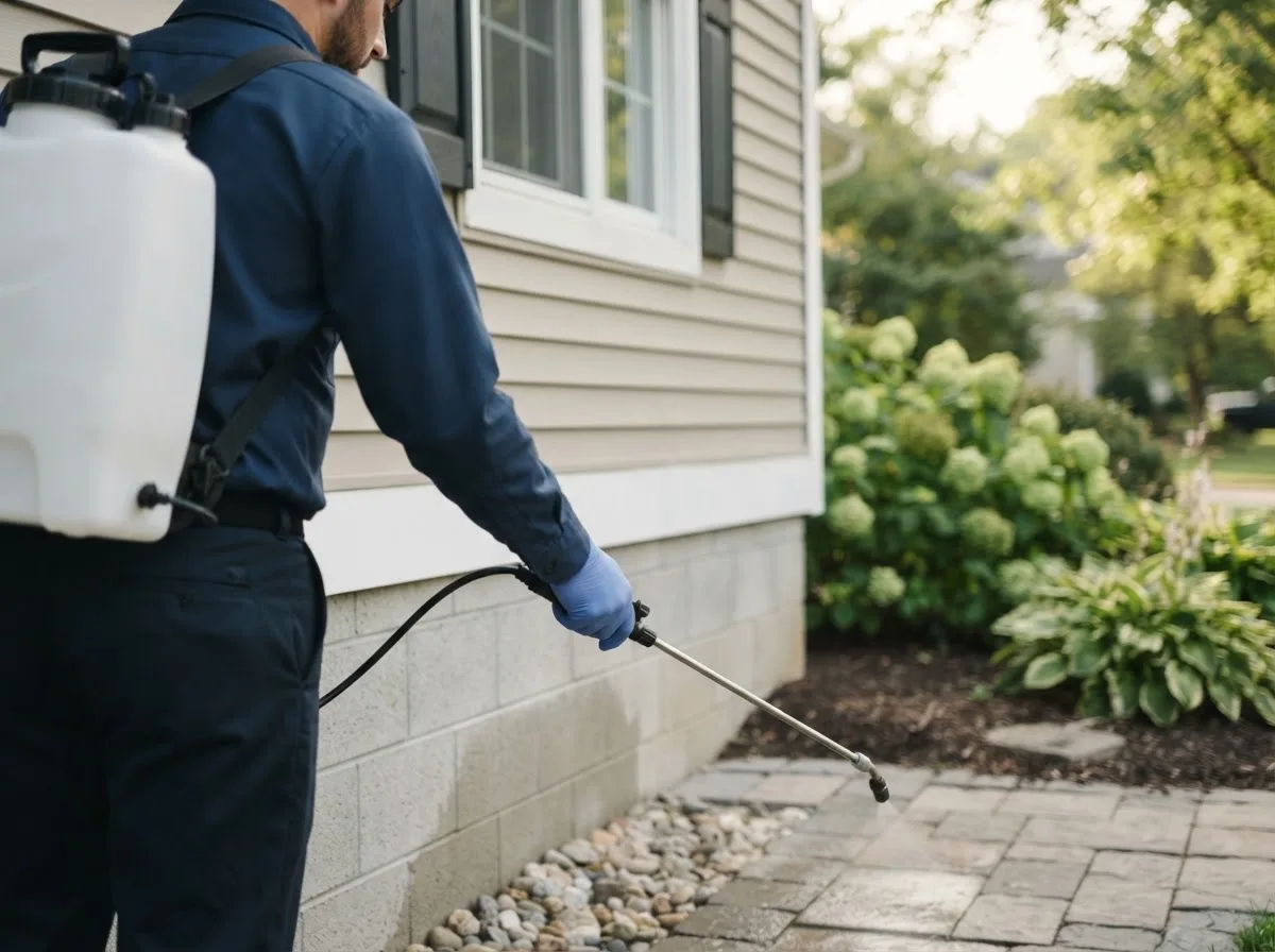 Pest control technician inspecting a home in Calvert, TX